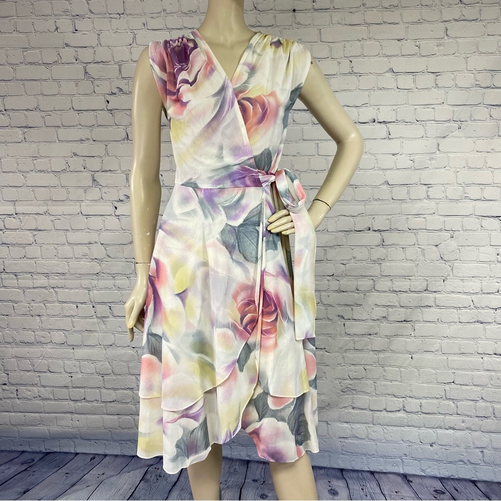 Vintage 70s/80s Chiffon Rose Print Floral Wrap Dress XS
